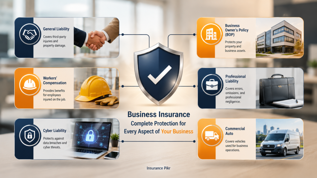 Icons showing different types of business insurance coverage in the USA including general liability, property BOP, workers compensation, professional liability, cyber liability and commercial auto insurance