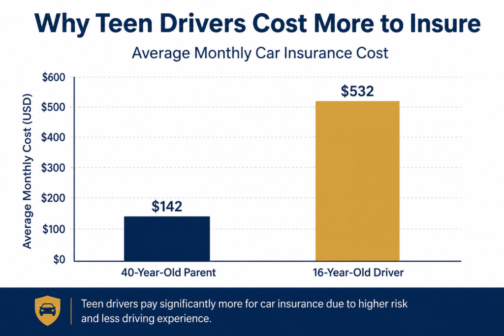 Car insurance cost comparison teen driver vs parent 2026