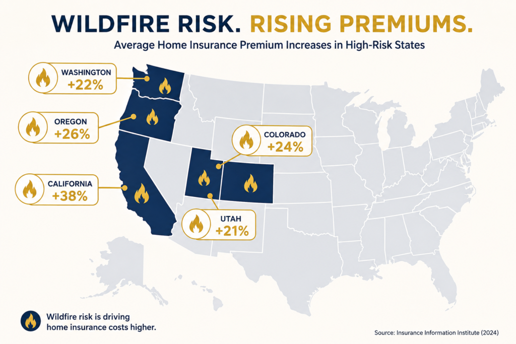Home insurance for wildfire areas cost by state map